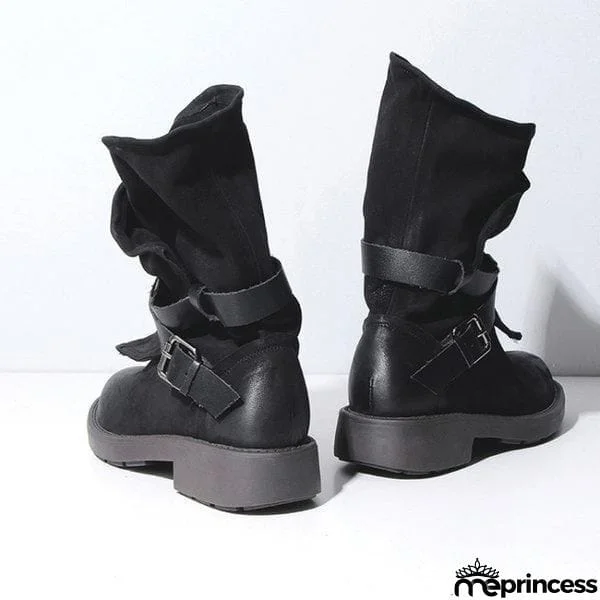 Women's Plus Size Adjustable Buckle Mid-Calf Motorcycle Boots