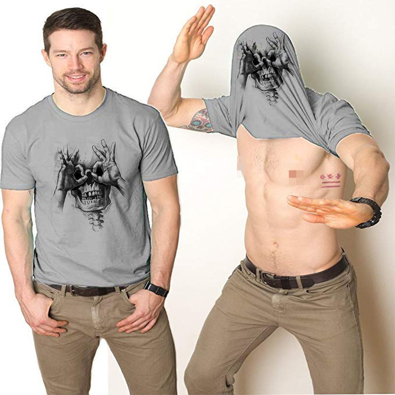 Skull with OK Pattern Graphic Double-Print Flip T-shirt