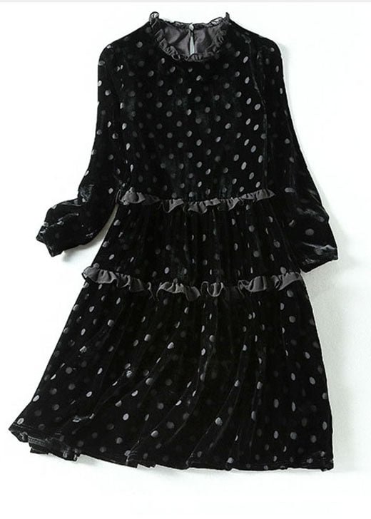 Elegant Black Dot Print Patchwork Velour Dress Spring CK1346- Fabulory