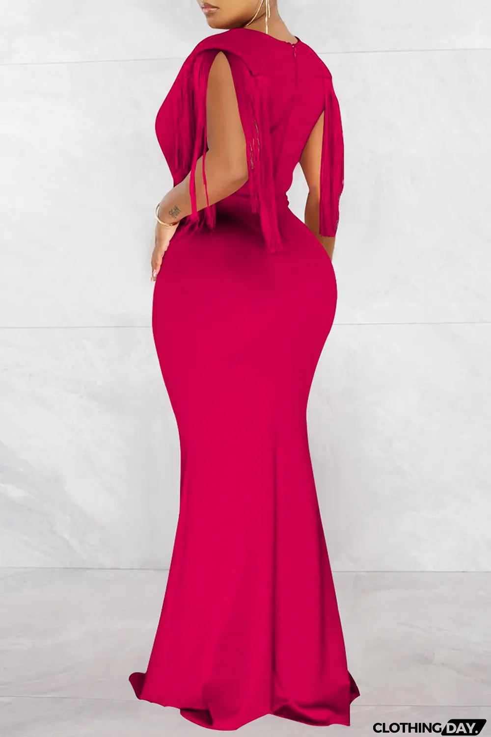 Black Fashion Sexy Solid Tassel Patchwork V Neck Long Dress