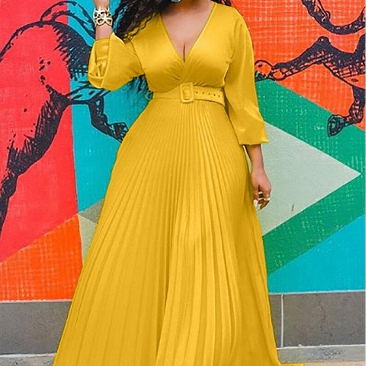 Solid Color Retro Chiffon Maxi Dresses Long Sleeve Long Dress with Belt