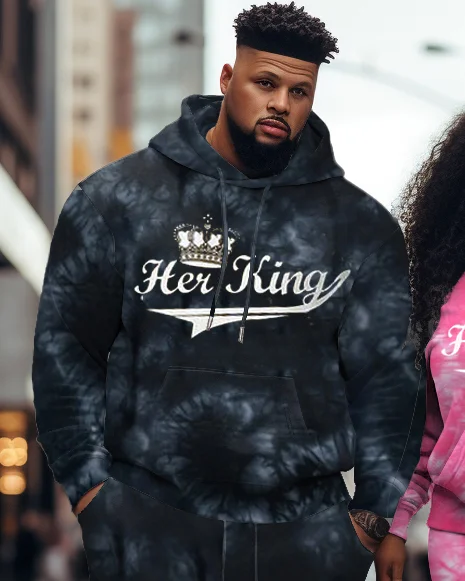 Couple's Large Size Casual Tie-Dye She Is King He Is Queen Hoodie Set