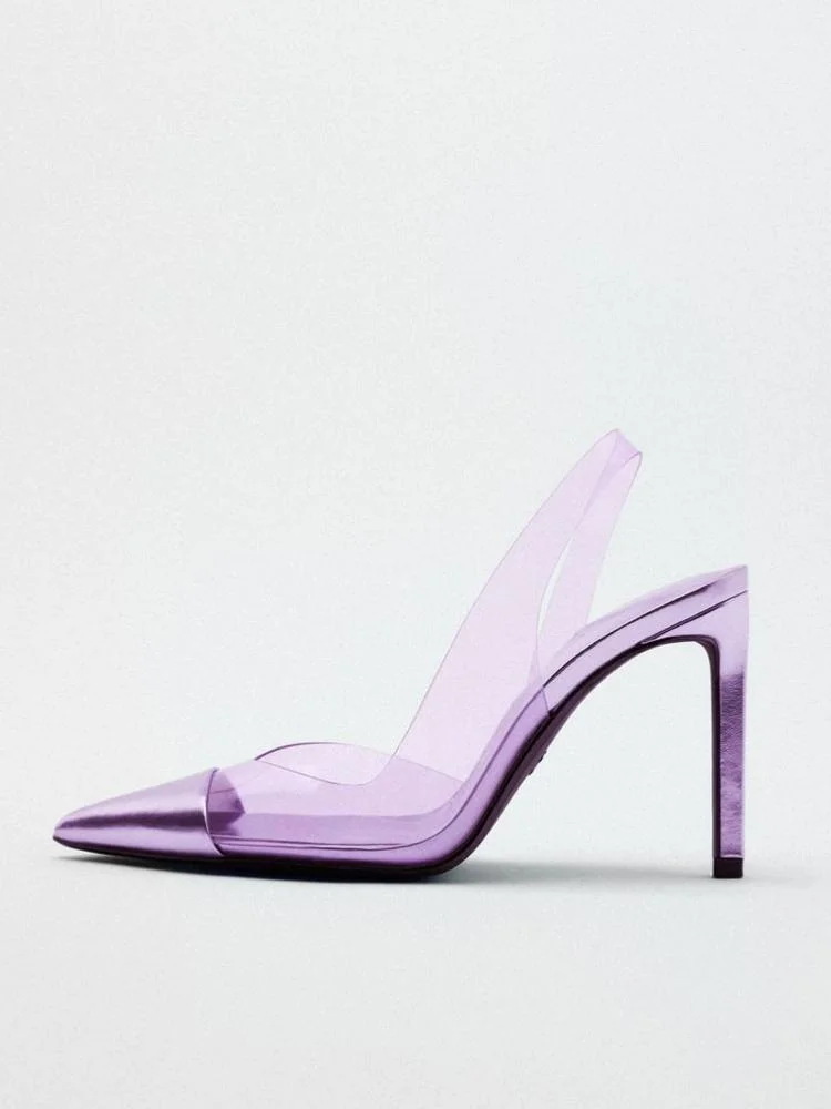 Fashion Metallic Bright Clear V-Shaped Vamp Slingback High-Heeled Pointed-Toe Pumps