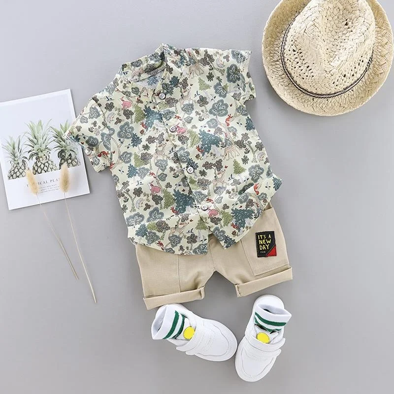 New Arrived Outfits Toddler Boy Clothing Summer Print Set Thin Top Children Short Sleeve Shirt Suit for Baby Kids Forest