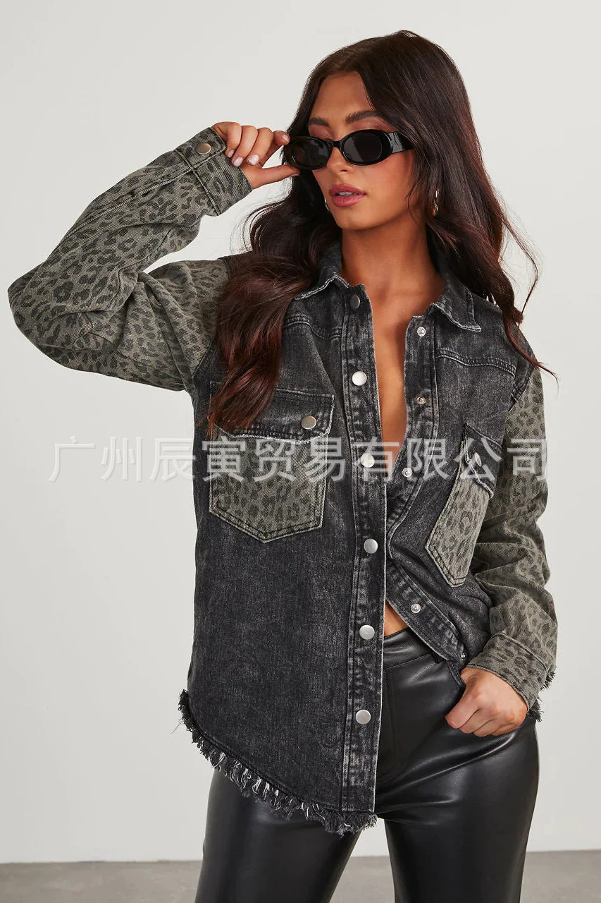 Toloer The Ins Hot Ladies Design Cotton Leopard Print Jeans Make Old Fur Lapel Collar Buckle Long Sleeve Shirt-Outfit Ideas