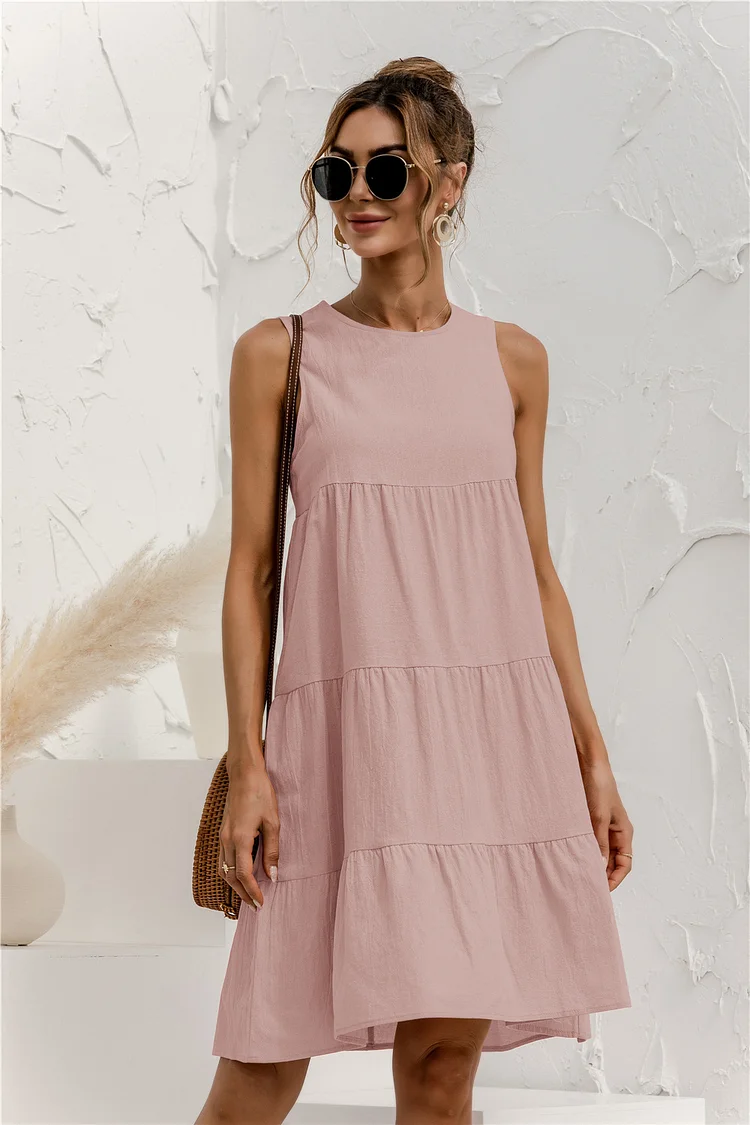 Loose Fashion Summer Cotton Sleeveless Solid Color Casual Dress