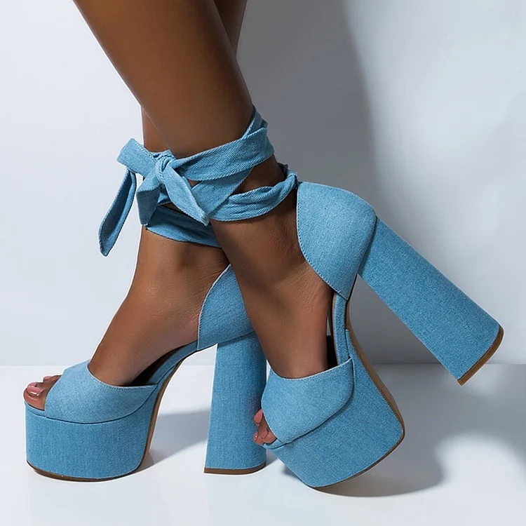 Light Blue Denim Chunky Heels Lace up Sandals |FSJ Shoes