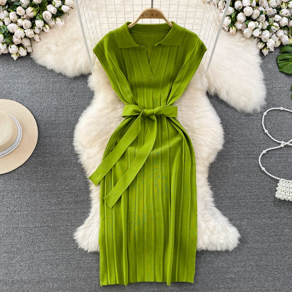 Zingj Zingj Summer Korean Version Retro Temperament Short Sleeve Polo Collar And Waist Show Thin Bow Tie With A-Line Knit Dress