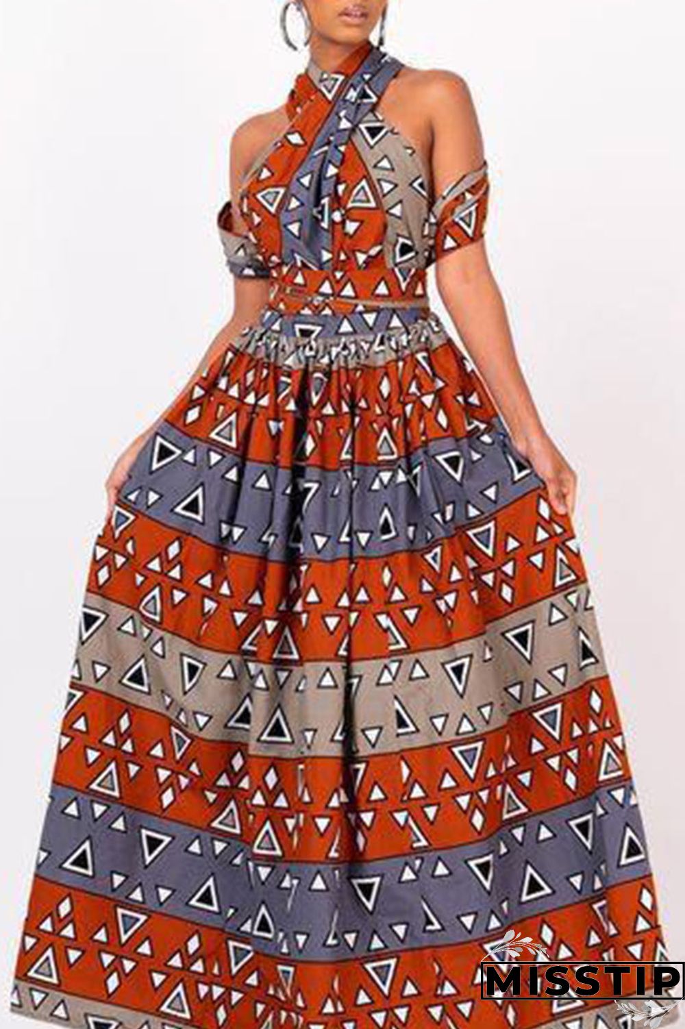 Brick Red Vintage Elegant Print Bandage Patchwork Asymmetrical Collar A Line Dresses