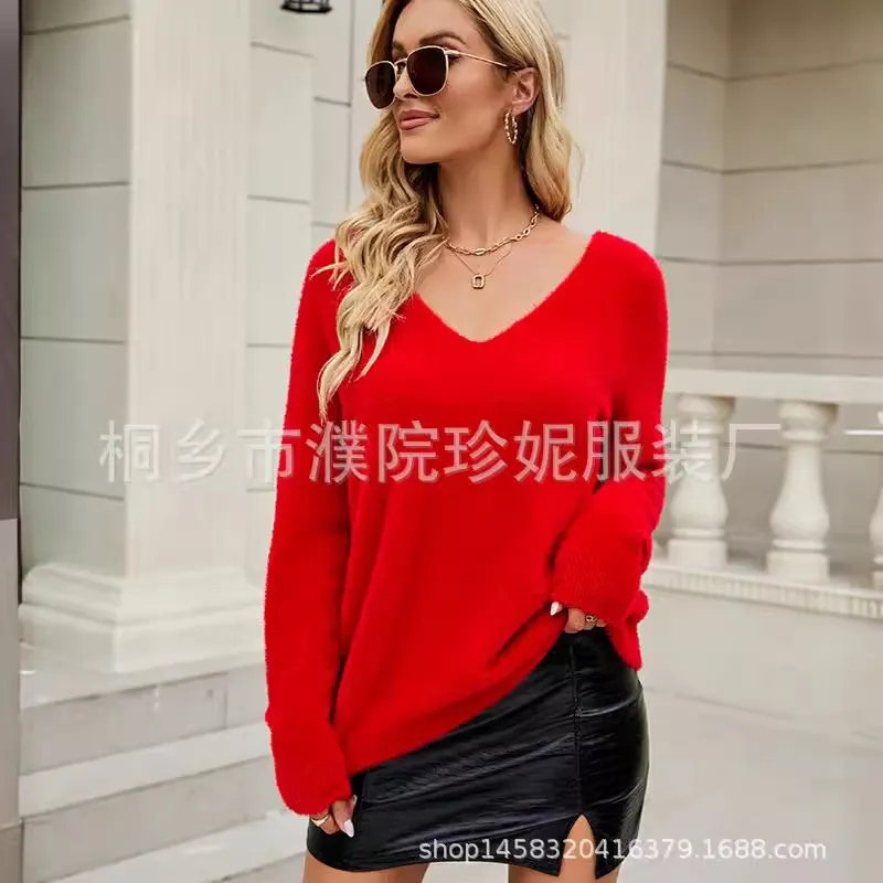 Athvotar Athvotar Autumn New Imitation Marinose Sweater Female Solid Color Long-Sleeved V-Neck Loose Large-Size Woman
