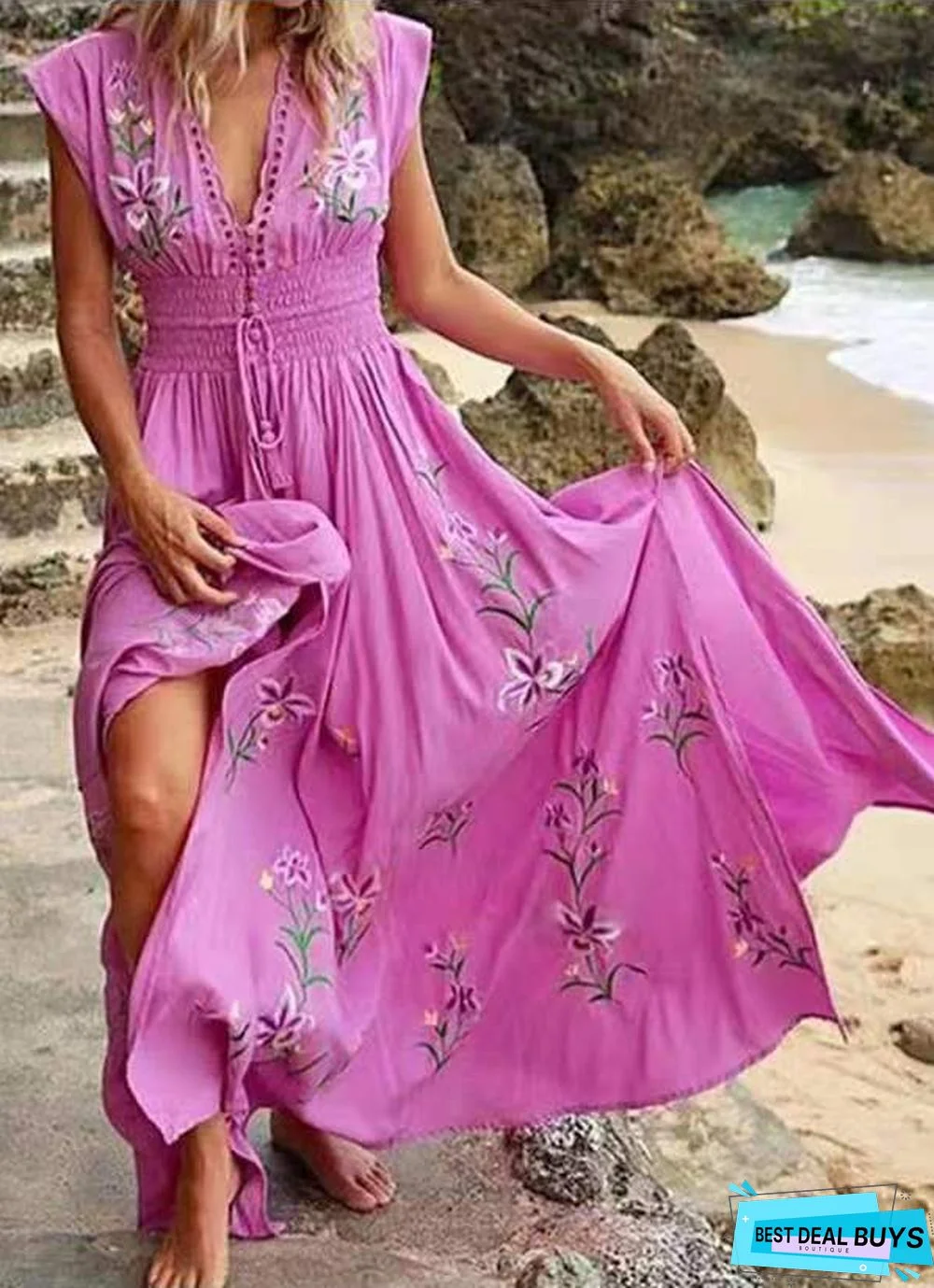 Women's V-Neck French Beach Bohemian Print Dress