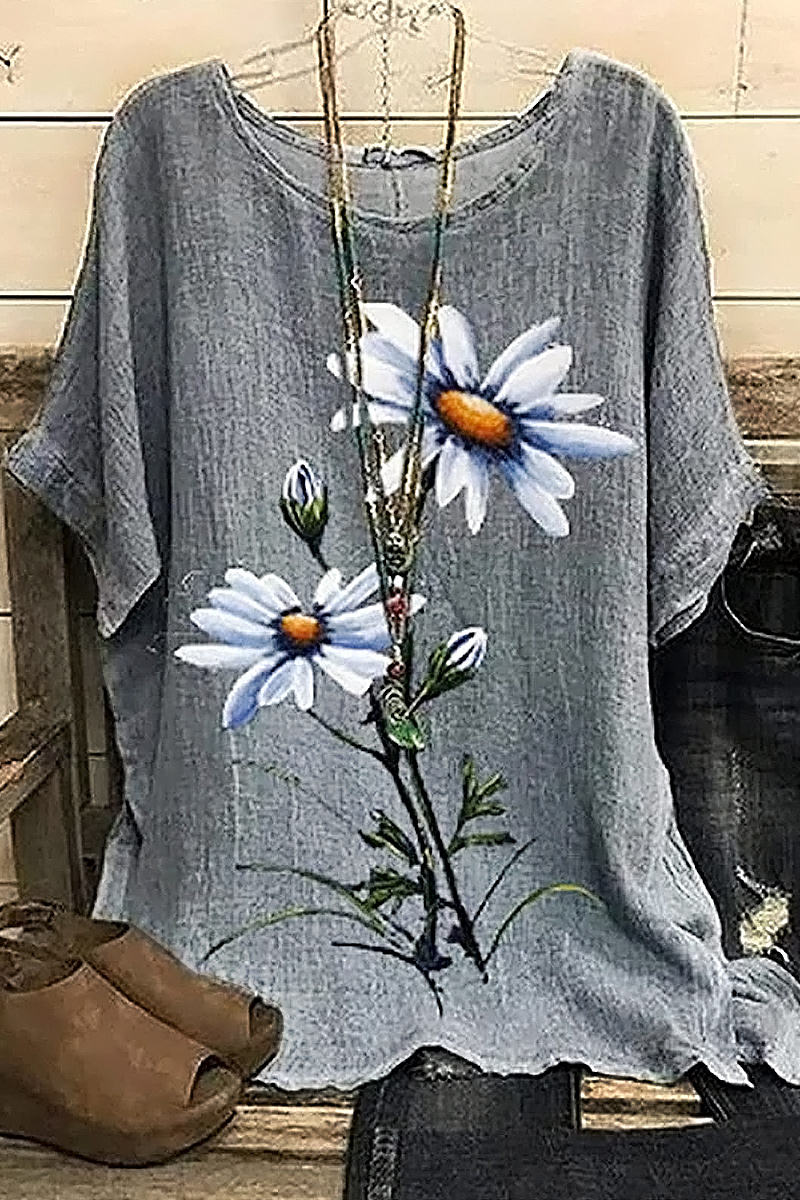 Flycurvy Plus Size Casual Dark Grey Linen Floral Print Loose Blouse 2024 - Flycurvy 