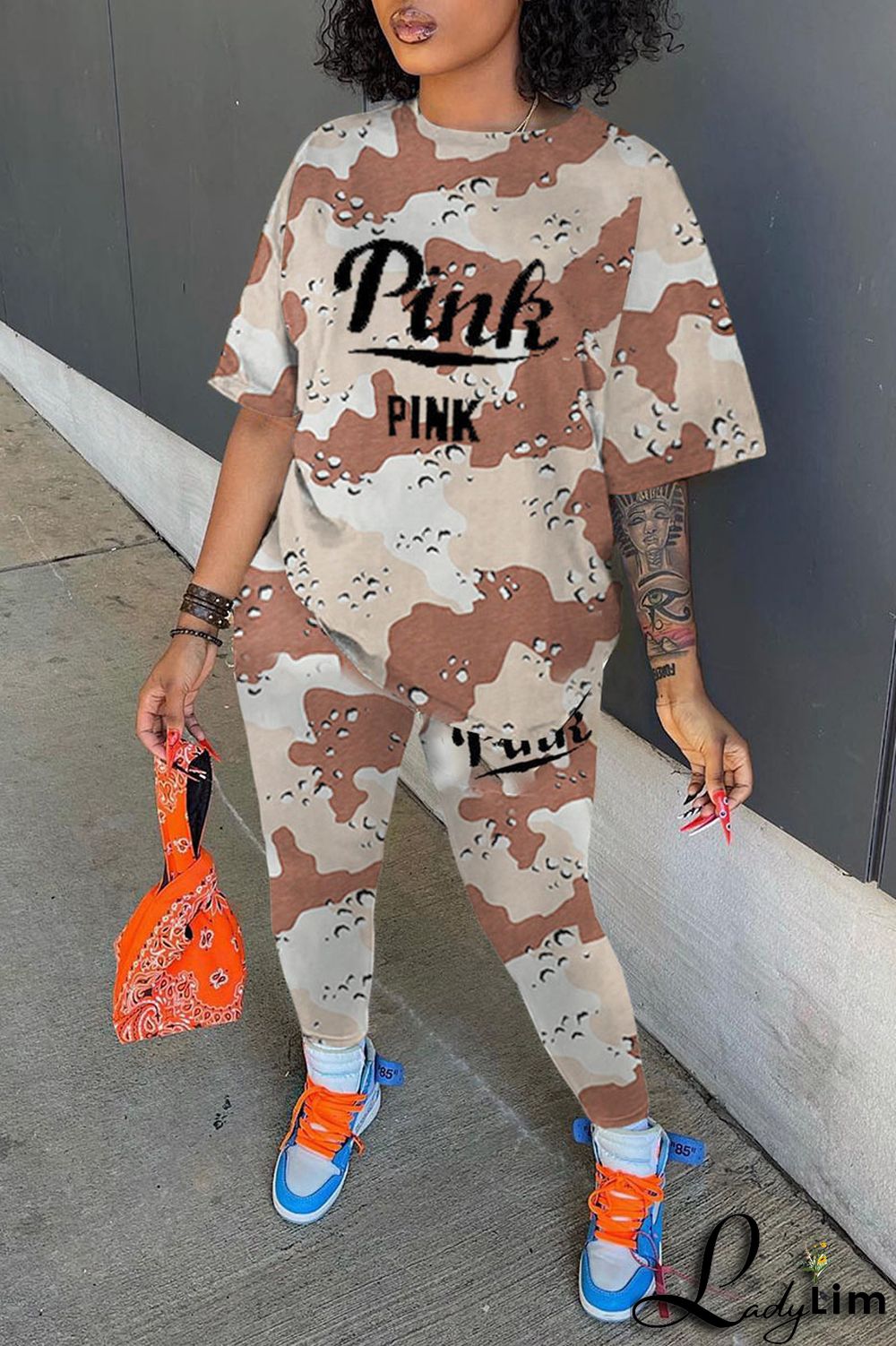 Light Brown Casual Print Camouflage Print Patchwork O Neck Short Sleeve Two Pieces