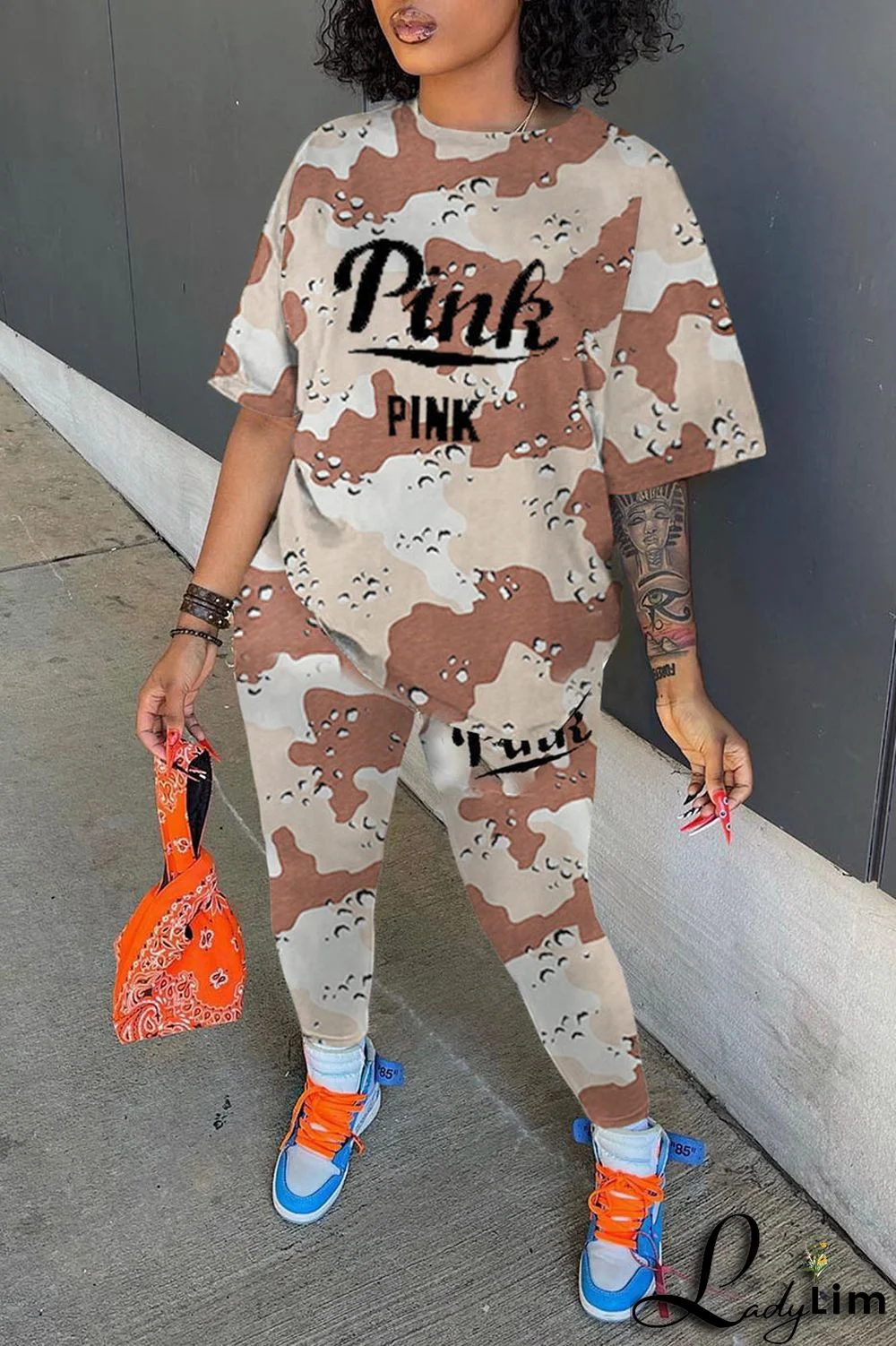 Light Brown Casual Print Camouflage Print Patchwork O Neck Short Sleeve Two Pieces