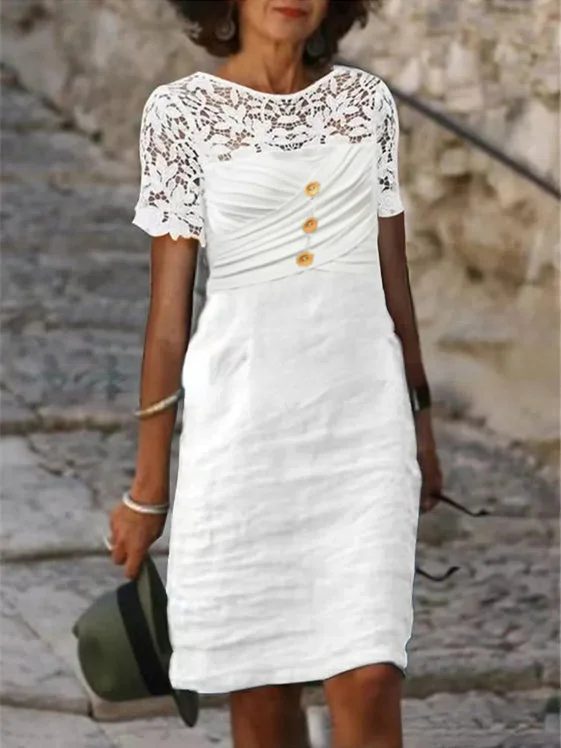 Women's Floral Hollow Button Scoop Neck Short Sleeve Maxi Dress
