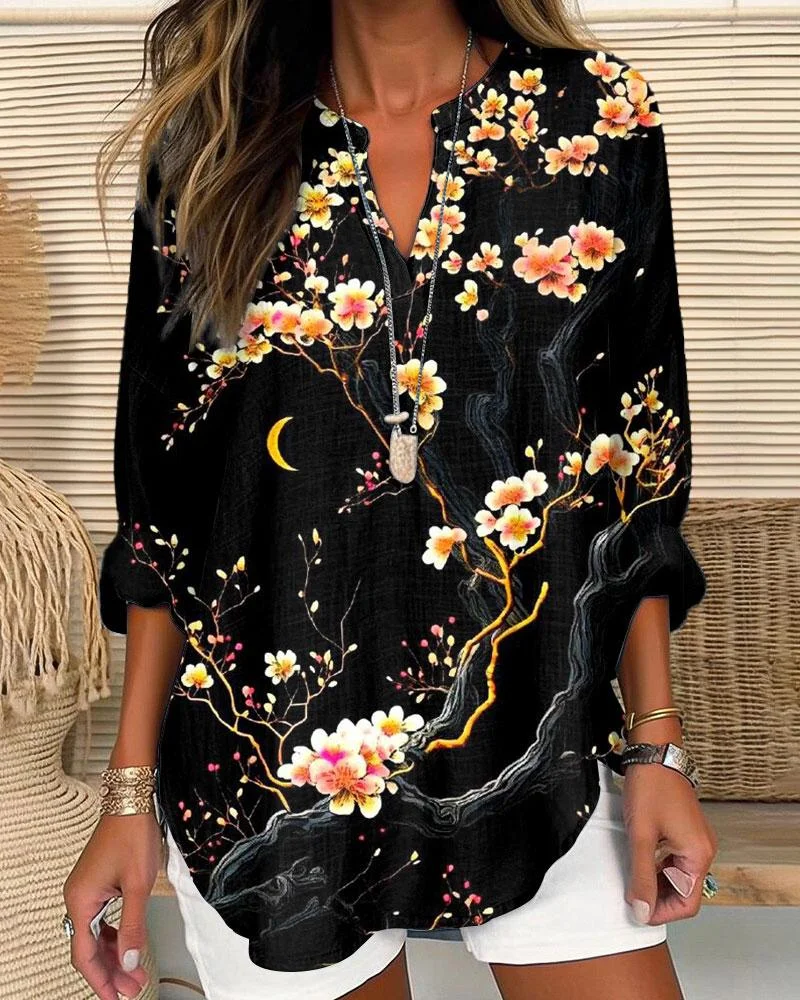 Moon Sakura Print Long Sleeves Casual Blouse