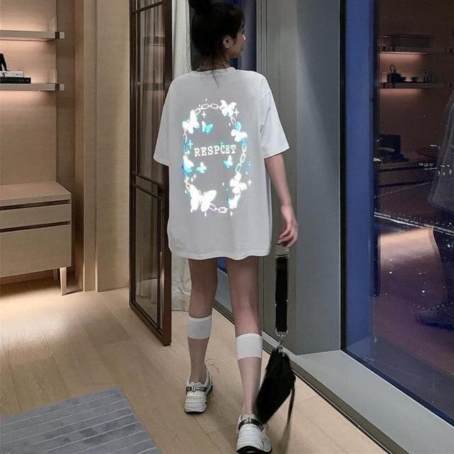 Reflective Butterfly Letters Print Loose Long T-shirt SP14980