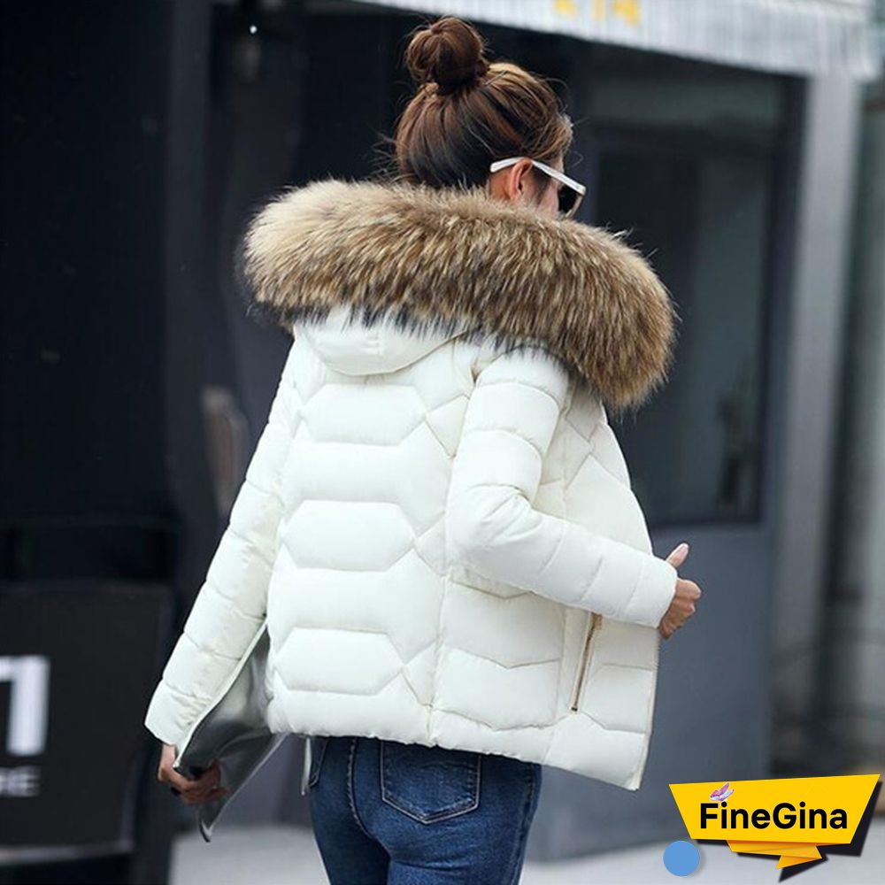 Women Autumn Winter New Fashion Short Coat Cotton-padded Jacket Large Size Hooded Jacket Warm Cotton Female Fur Collar Hoody Parka XS-XXXL