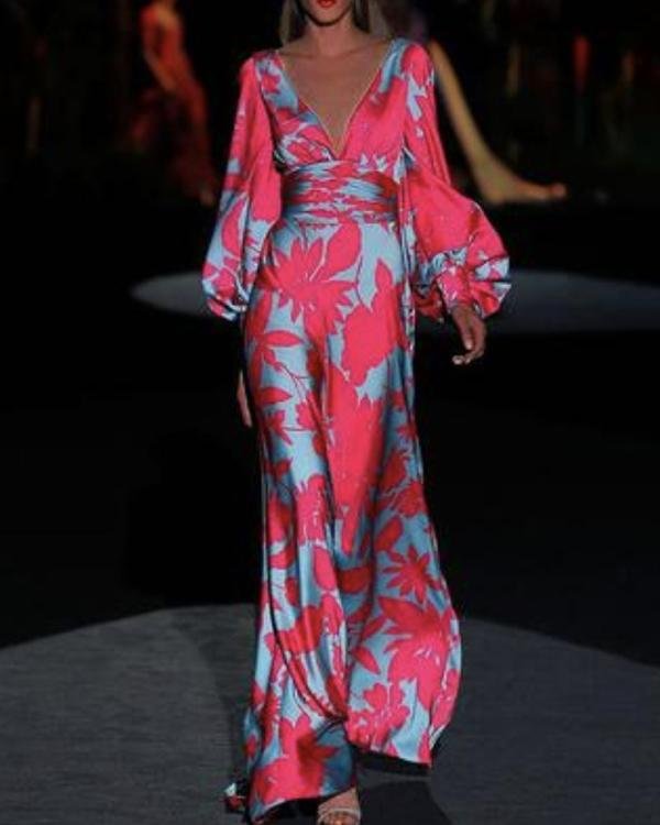 Women V-neck Elegant Printed Maxi Dress