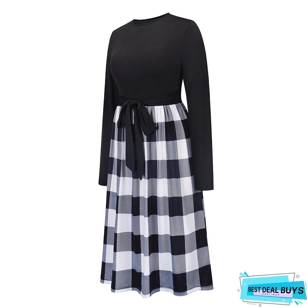 Leopard Stitched Long Sleeve Dress New Knitted Skirt In Autumn and Winter Black Dresses