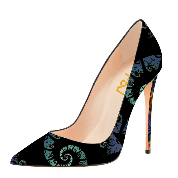 Black Floral Heels Stiletto Heel Pumps for Halloween |FSJ Shoes