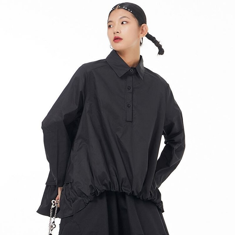 Simple Loose Solid Color Lapel Puff Hem Back Splicing Pleated Hem Long Sleeve Shirt 