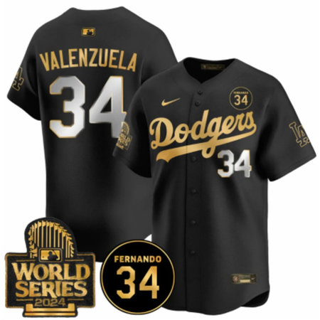 Men's Los Angeles Dodgers #34 Fernando Valenzuela Black 2024 World Series With Fernando Patch Vapor Limited Stitched Baseball Jersey