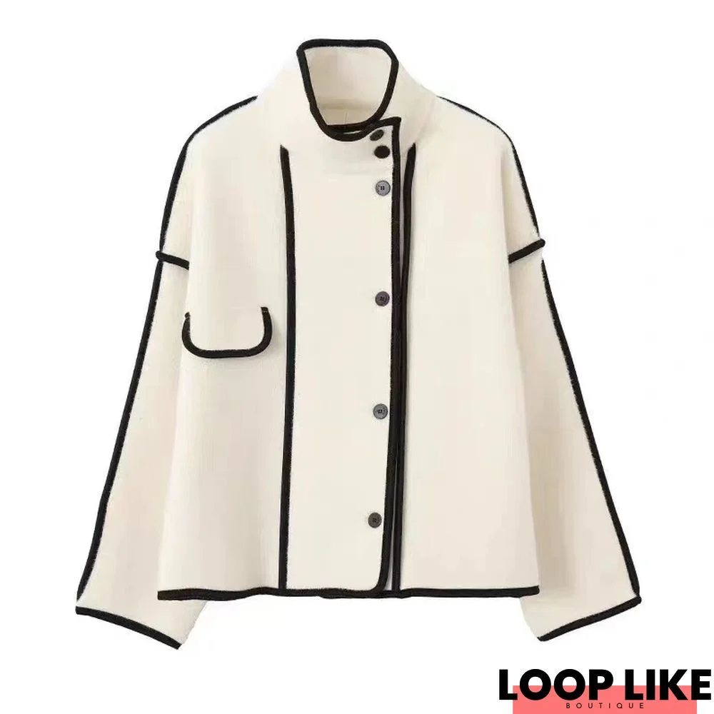 Color Block Piping Stand Collar Loose Jacket