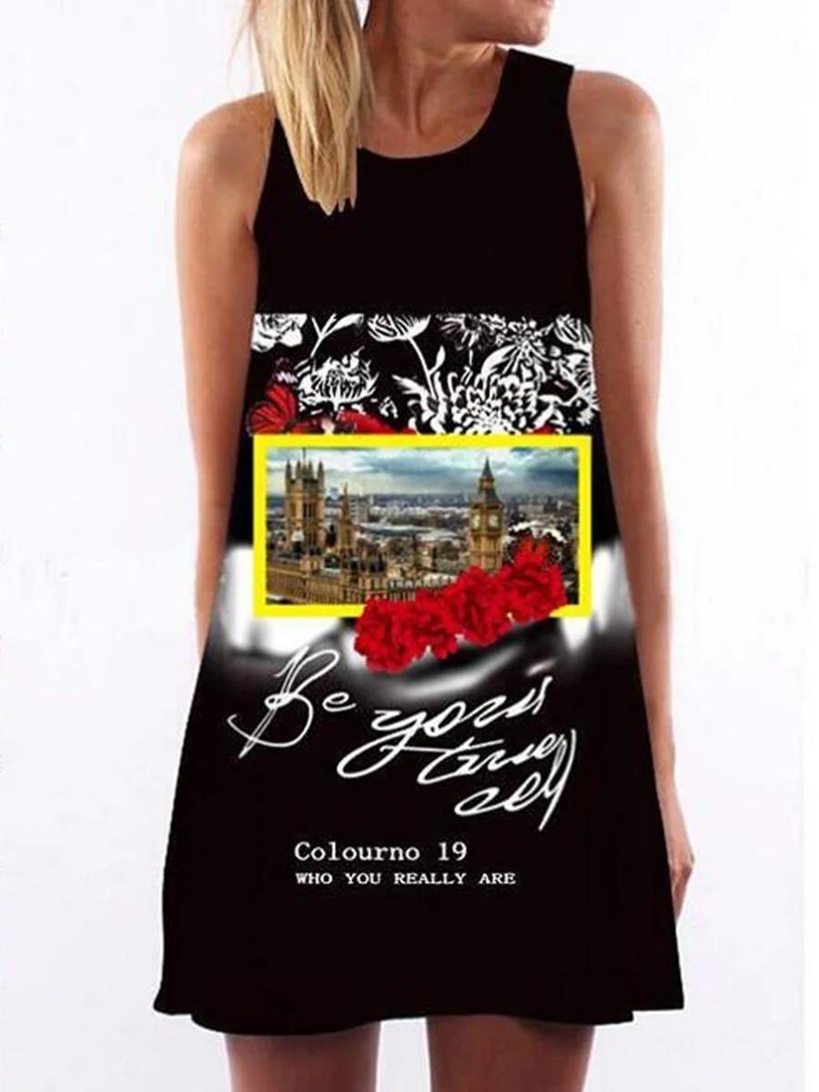 Fashion Round Neck Castle Printing Shift Floral Dress