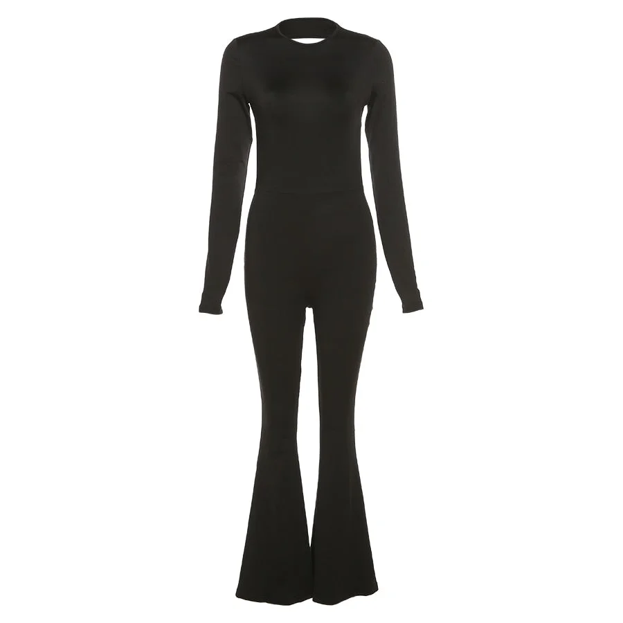 JuSaHy Summer Y2K Solid Black Basic Bodysuit for Women Fashion Long Sleeves Halter Backless Flare Pants Simple Casual Streetwear