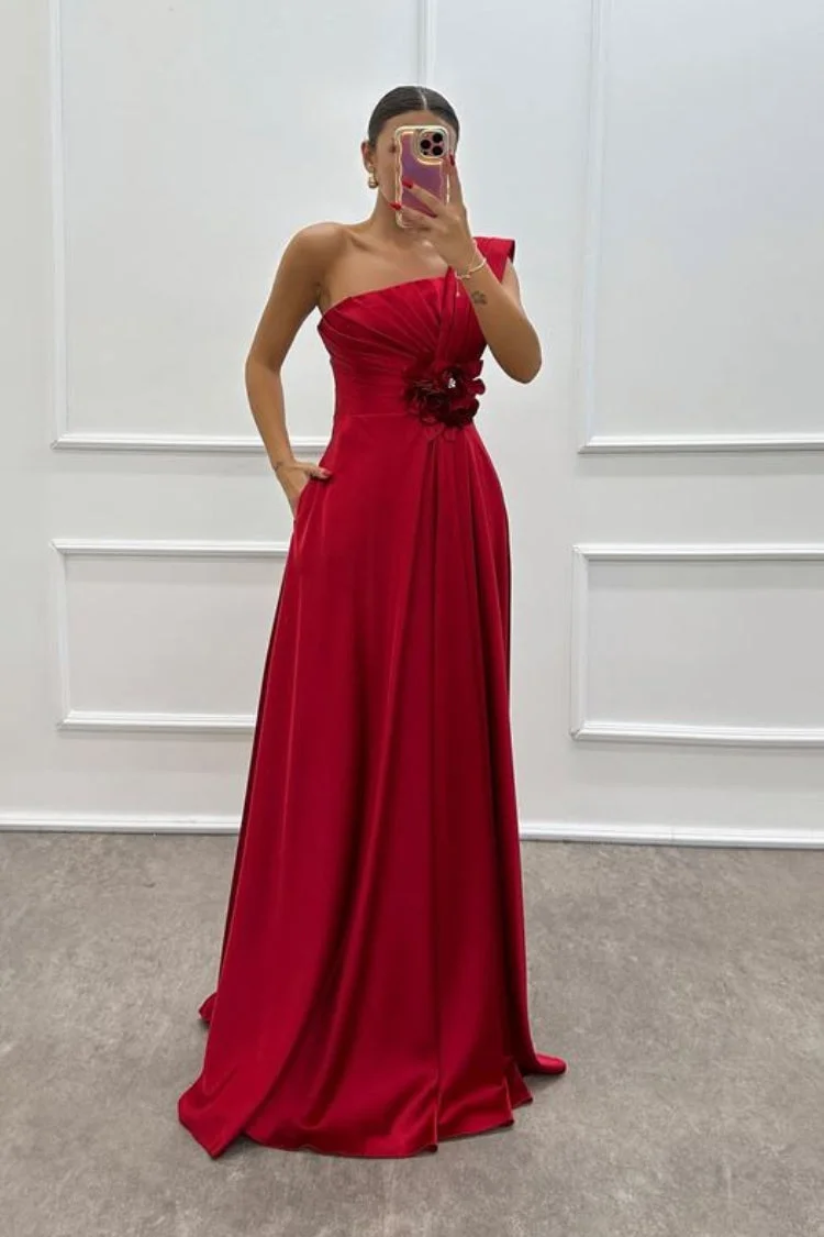 One Shoulder Rose Detail Evening Dress