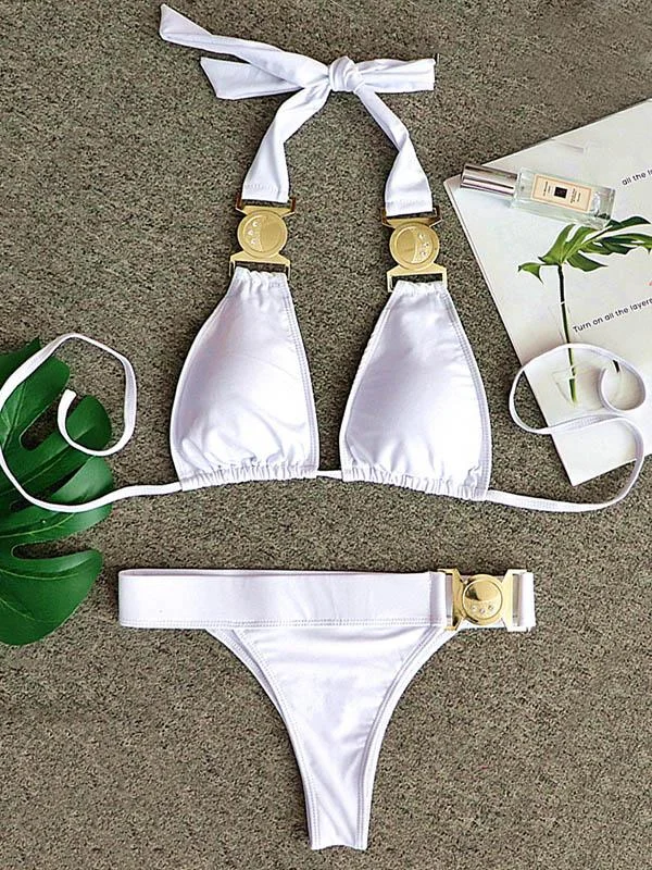 Solid Color Halterneck Embellished Split Bikini Swimsuit