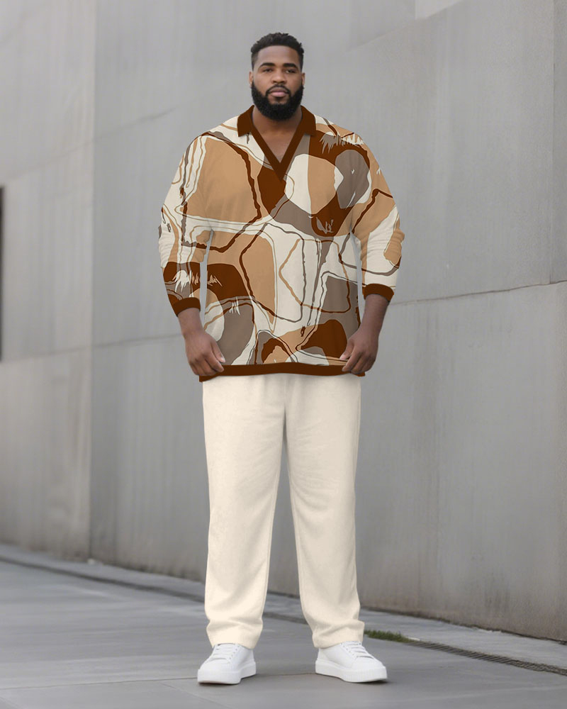 Big & Tall Men's Brown Geometric Print POLO V-Neck Long Sleeve Pants Two-Piece Set