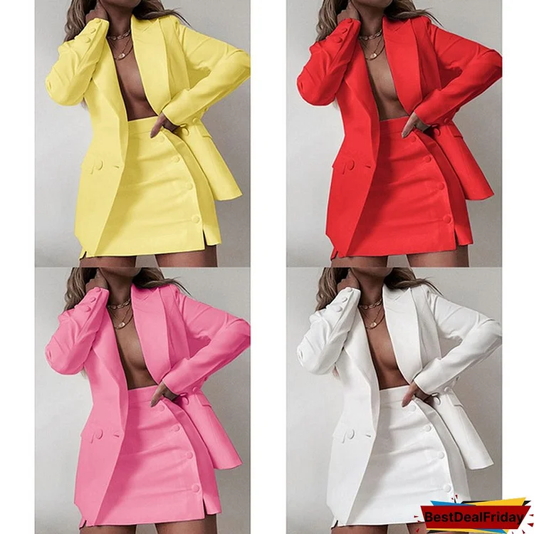 2 Piece Outfits For Women Long Sleeve Blazer Jacket With Button Dress Two Piece Set Casual Outfit