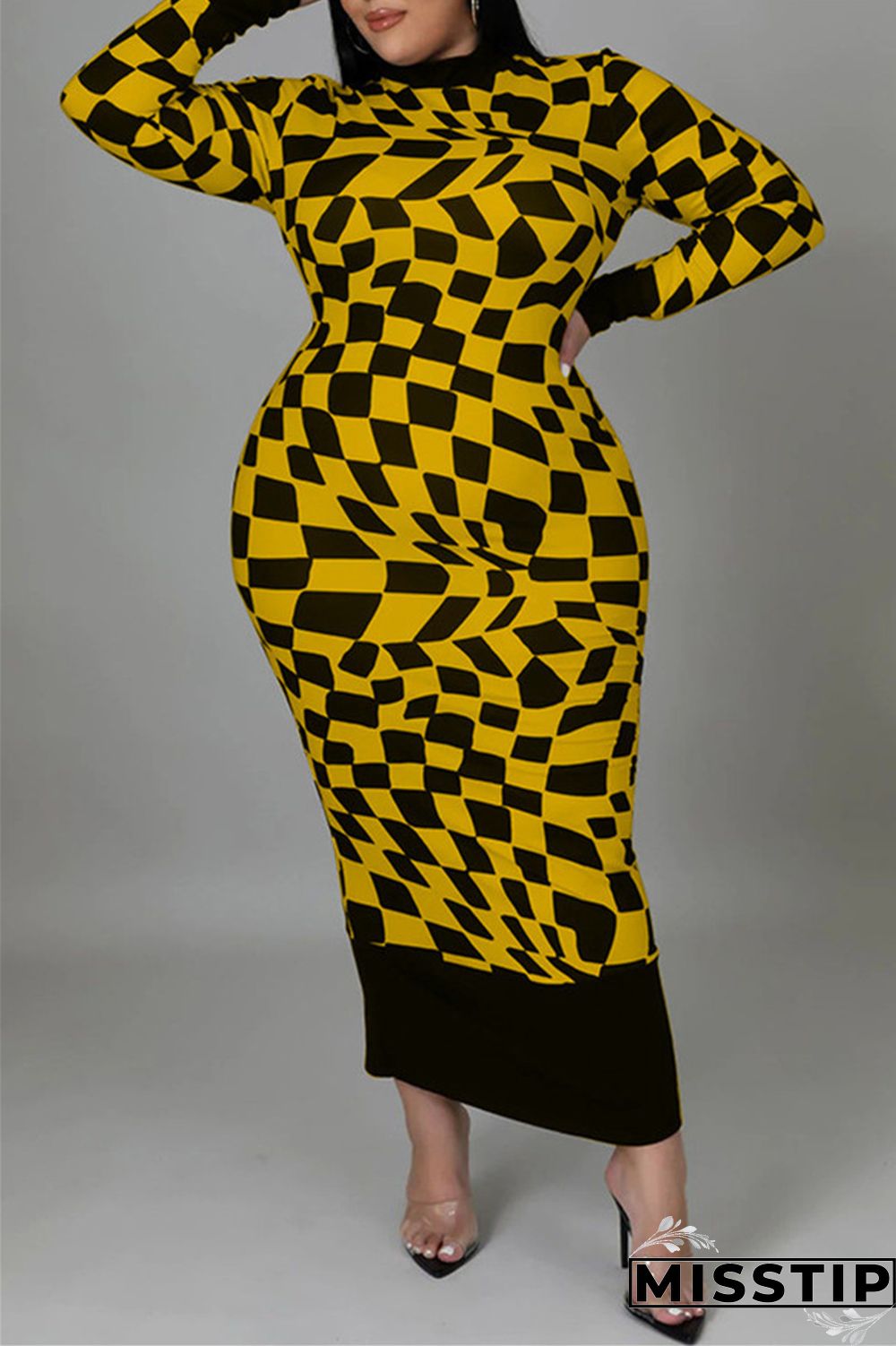 Yellow Casual Plaid Print Patchwork Half A Turtleneck Long Sleeve Plus Size Dresses