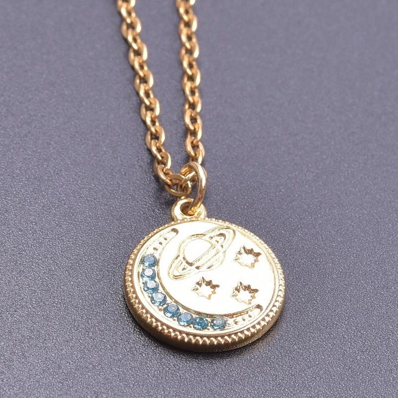 304 Stainless Steel 18K Gold Plated Basic Modern Style Classic Style Plating Inlay Geometric Moon Planet Rhinestones Pendant Necklace