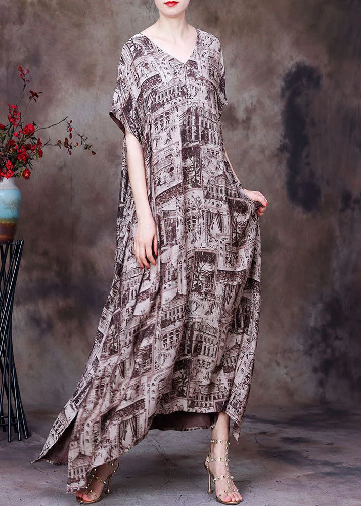 Modern Coffee V Neck Print Side Open Draping Silk Long Dresses Short Sleeve