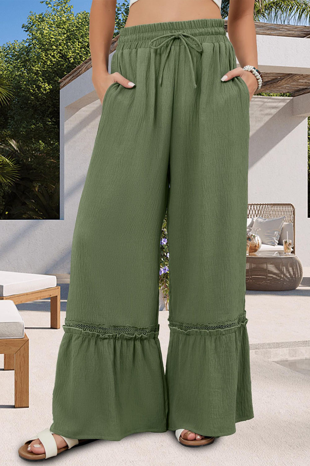 Plus Size Casual Army Green High Waist Drawstring Pocket Ruffle Hem Wide Leg Pants 2024 - Flycurvy 