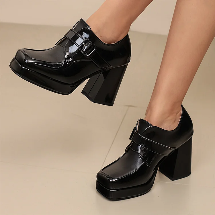 Solid Color Patchwork Strap Buckle Square Toe Chunky Heels