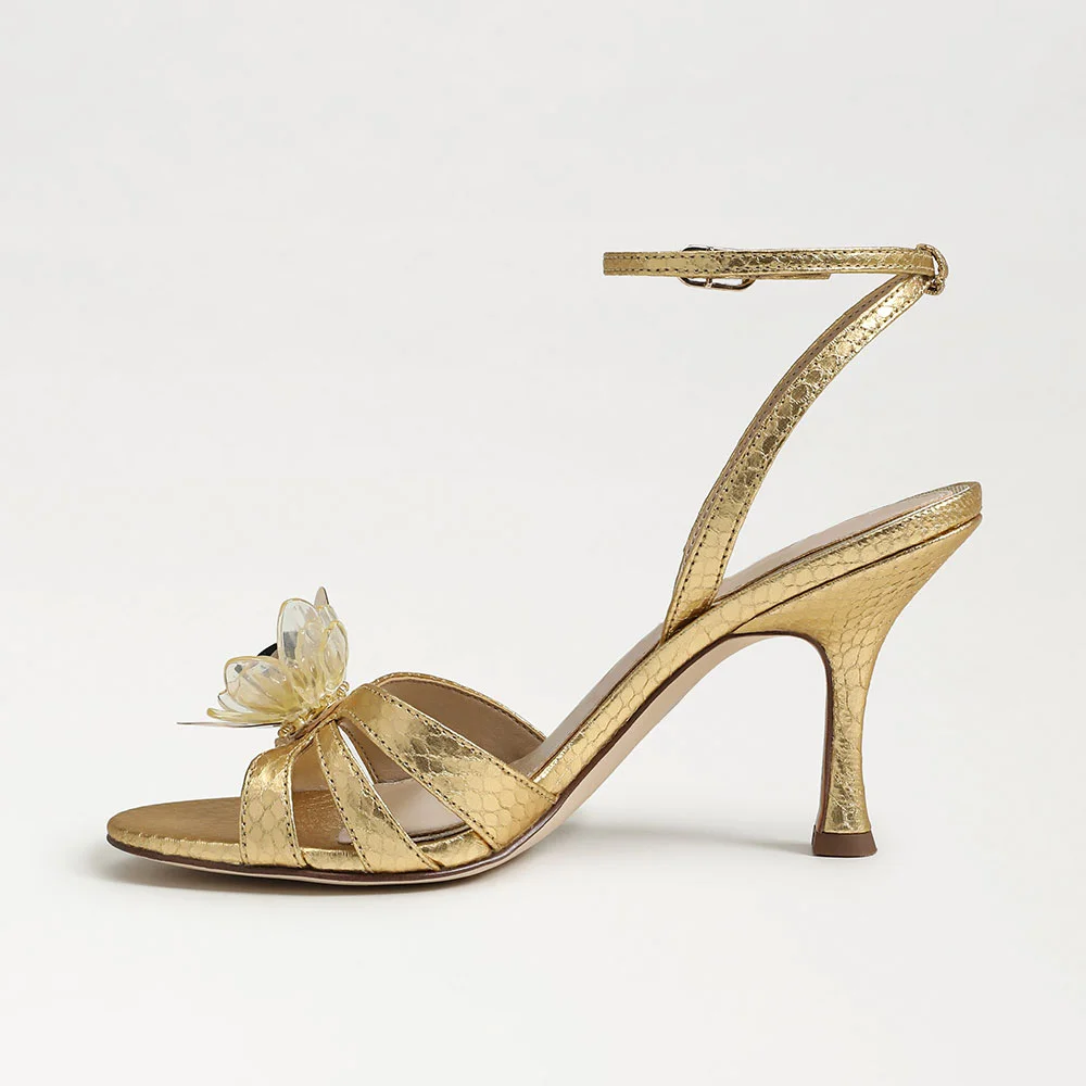 Gold Round Toe Flared Heel Floral Women's Sandals with Ankle Strap