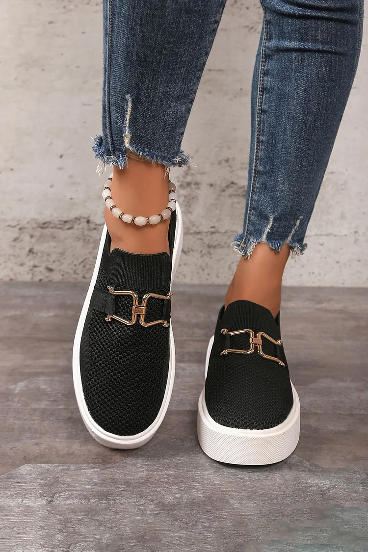 Metallic Buckle Decor Round Toe Breathable Casual Loafers