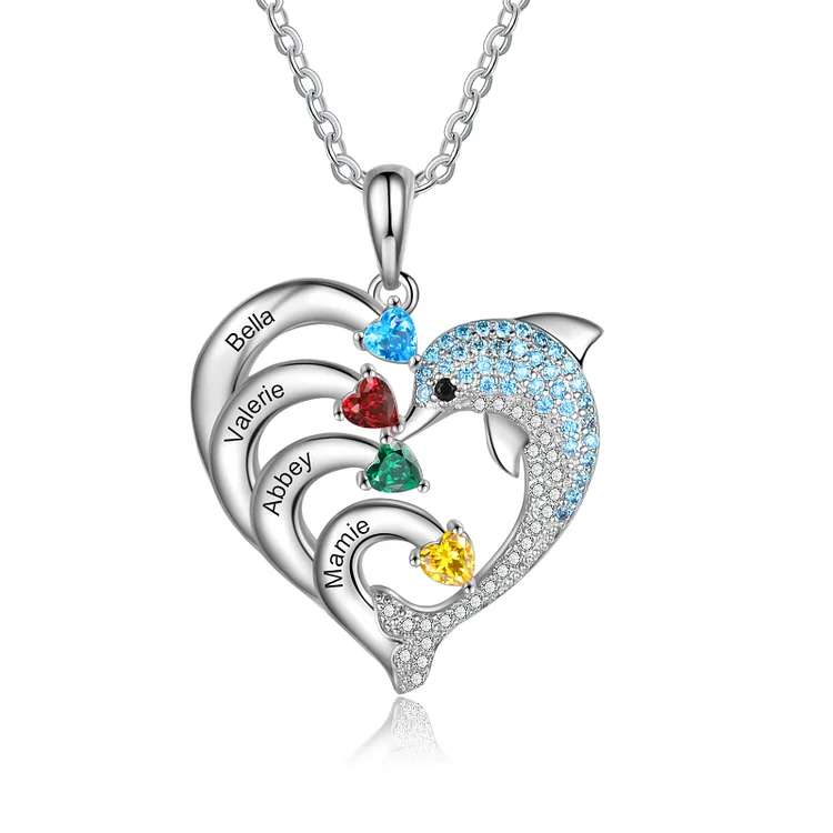 4 Names-Personalized Heart Dolphin Necklace With 4 Birthstones Engraved Names Gift For Her