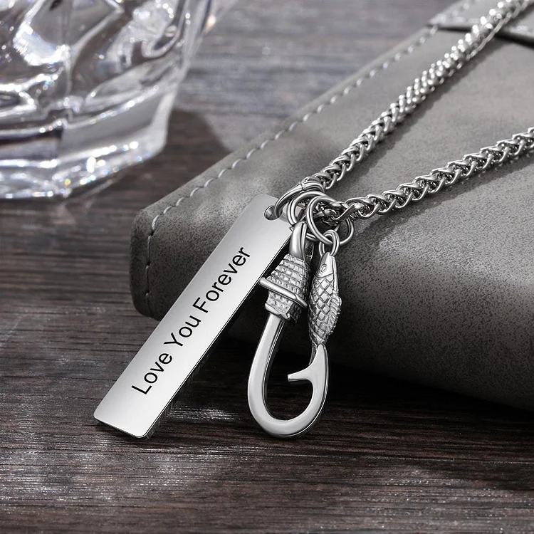 Personalized Men Fish Hook Necklace with Engraved Bar Pendant Charm Gifts  for Father