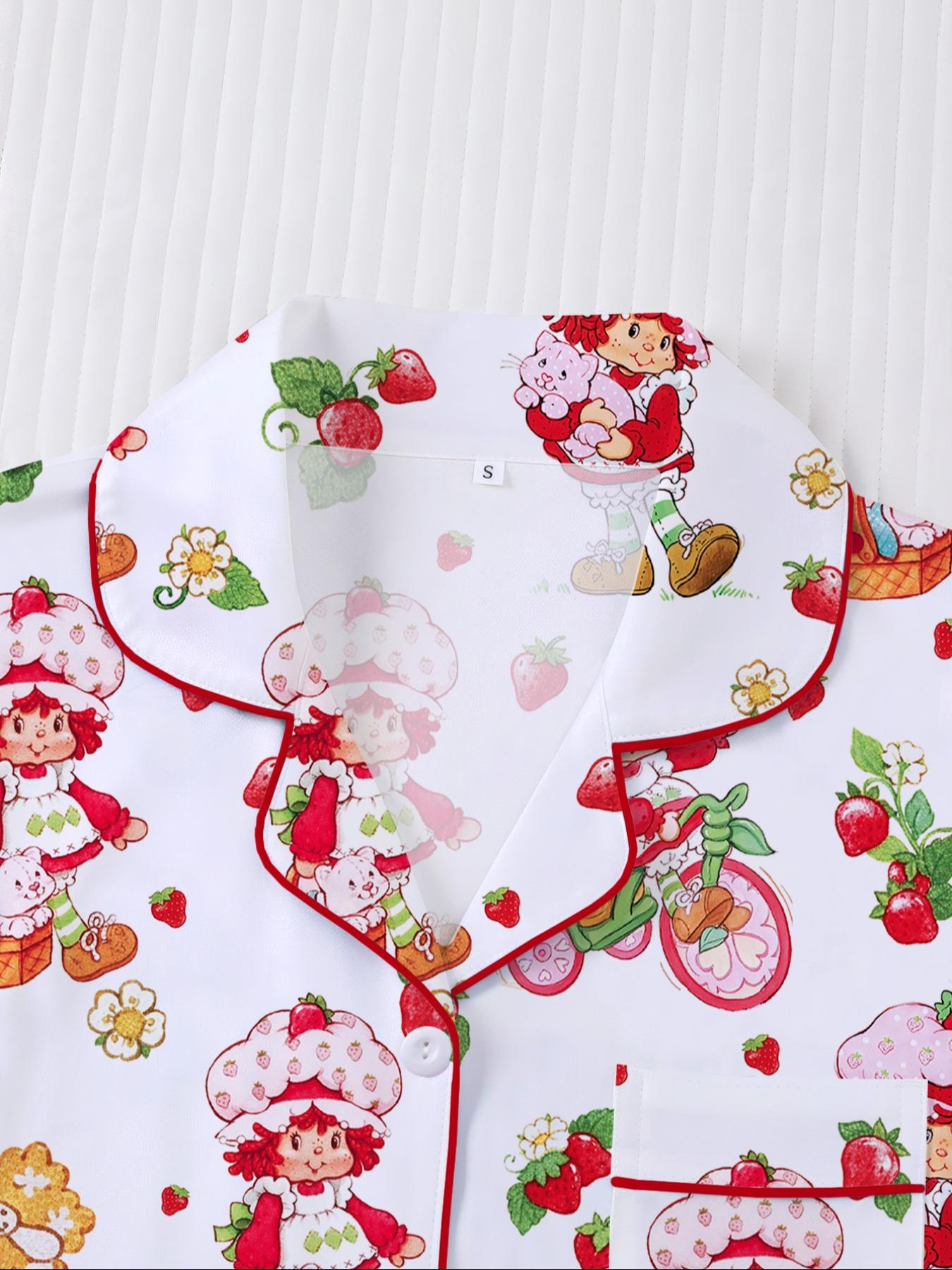 Women's Strawberry Cartoon Print Sleepwear Loungewear Set, Short Sleeve Button-Up Top & Elastic Shorts, Casual Home Wear for Daily Use