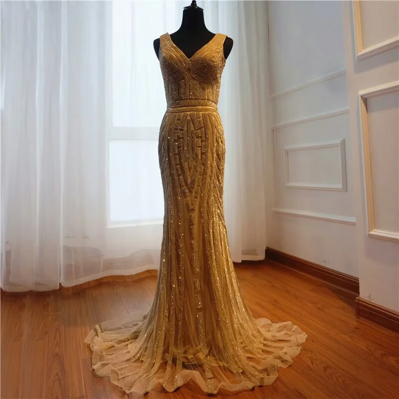 Lisliy Gold Sequins Mermaid Prom Dress V Neck Long Sleeveless Dress 