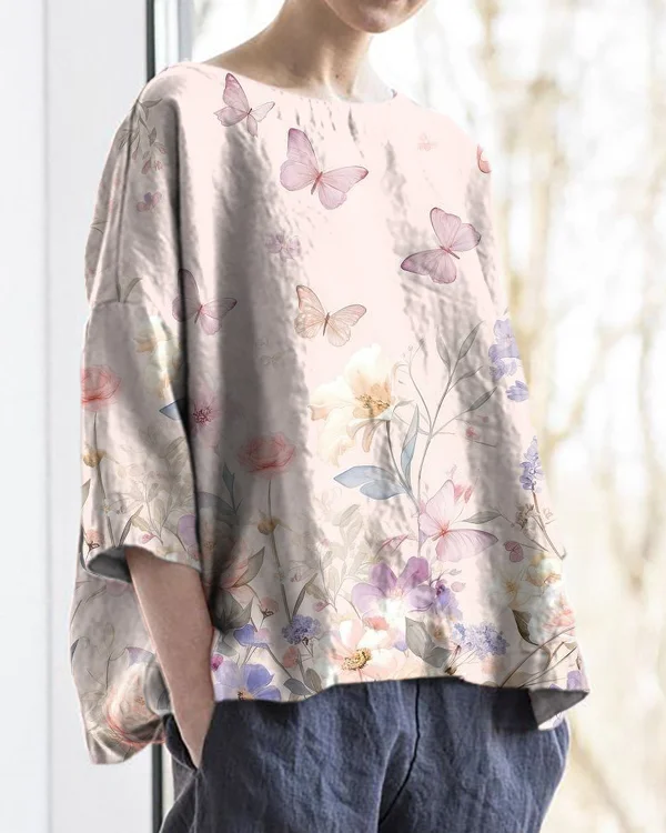 Retro Butterfly Floral Round Neck Cotton and Linen Loose Top