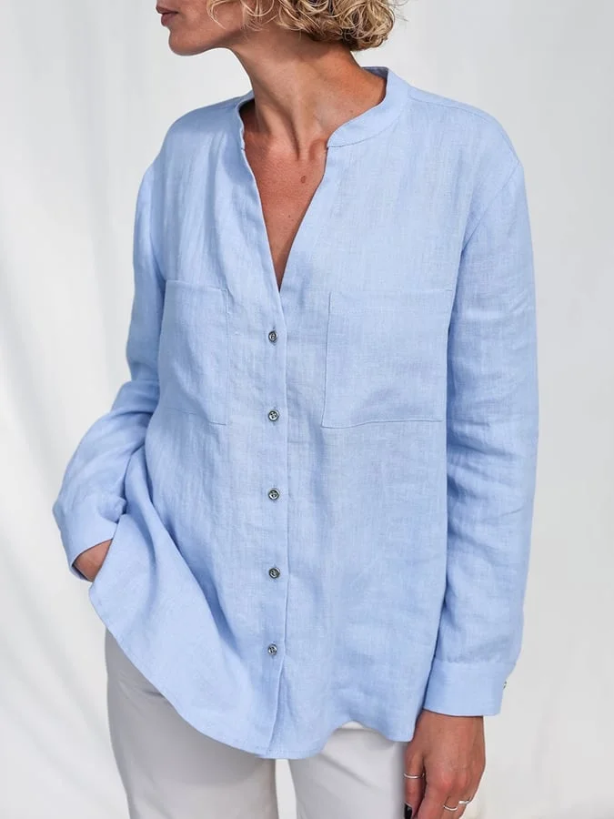 Women's Cotton Linen V Neck Loose Button Shirt