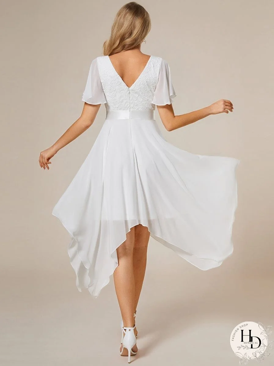 V-Neck Asymmetrical Dress with Short Sleeves