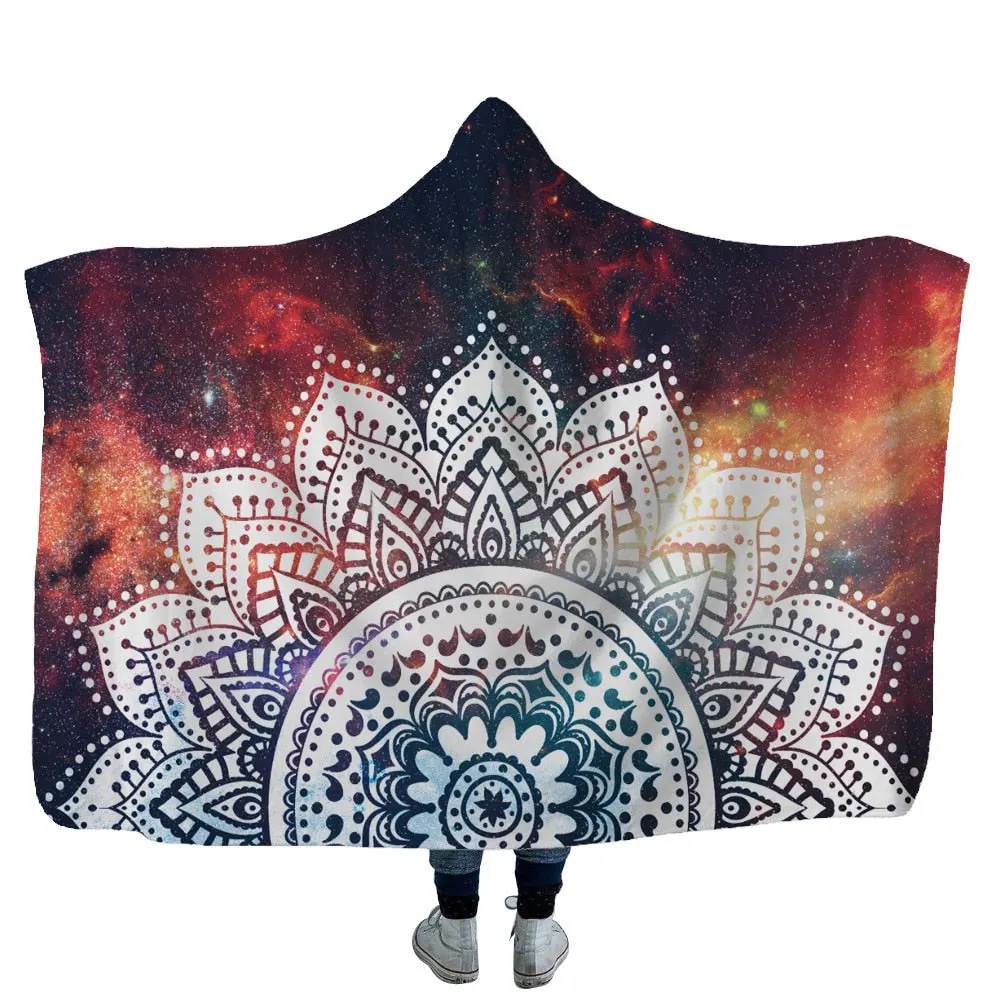 Mandala Hooded Blanket For Adults Childs 3D Printed Sherpa Fleece Blanket Microfiber Wearable Throw Blanket For Home Travel Sofa