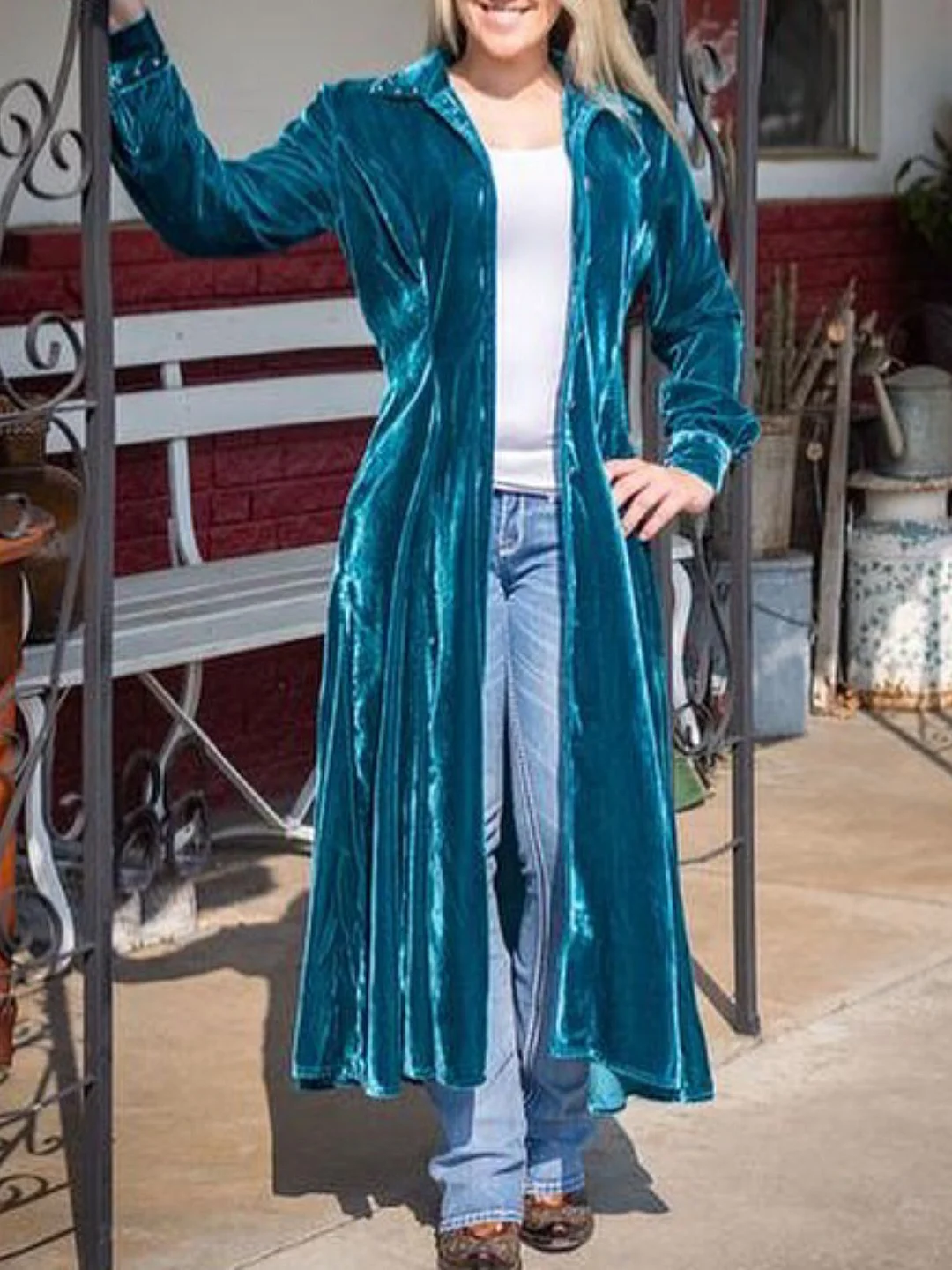 Blue Solid Long Sleeve Velvet Overcoat